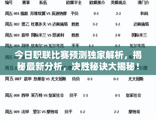 今日职联比赛预测独家解析，揭秘最新分析，决胜秘诀大揭秘！